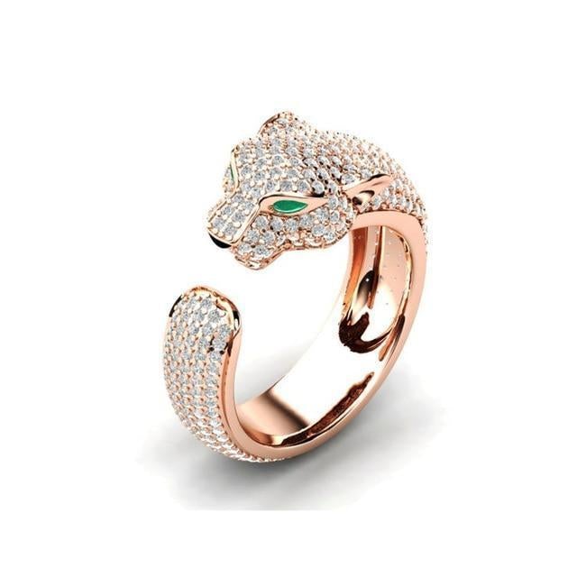 Anillo ajustable de jaguar con ojos de circonita verde - Hipnotelia