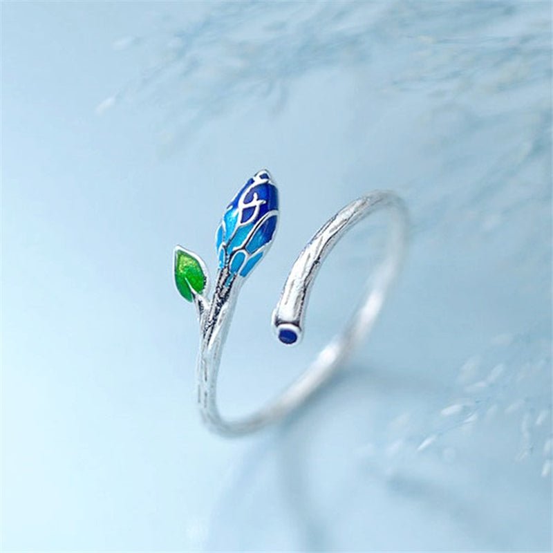 Anillo plateado ajustable de hoja azul y verde - Hipnotelia