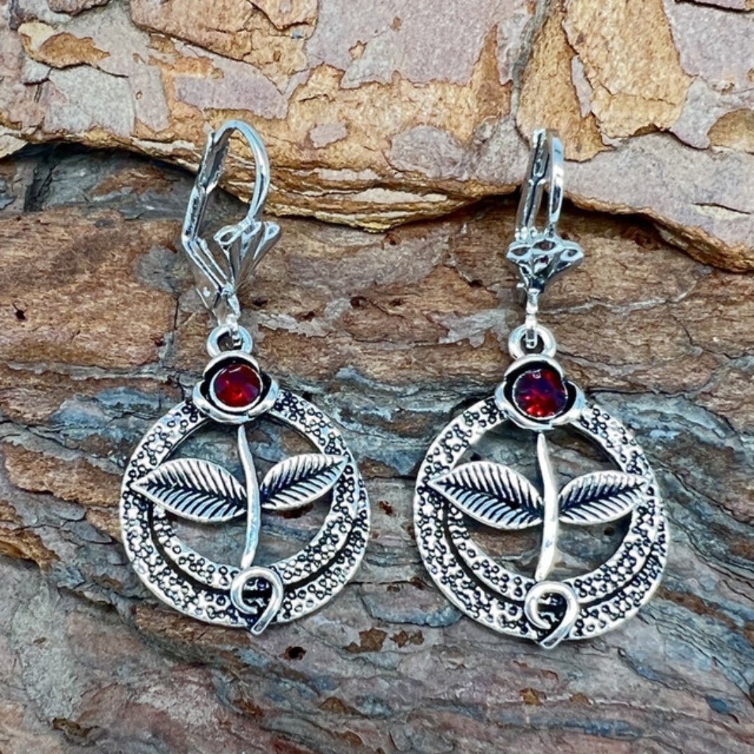 Pendientes plateados vintage con cristal rojo natural - Hipnotelia