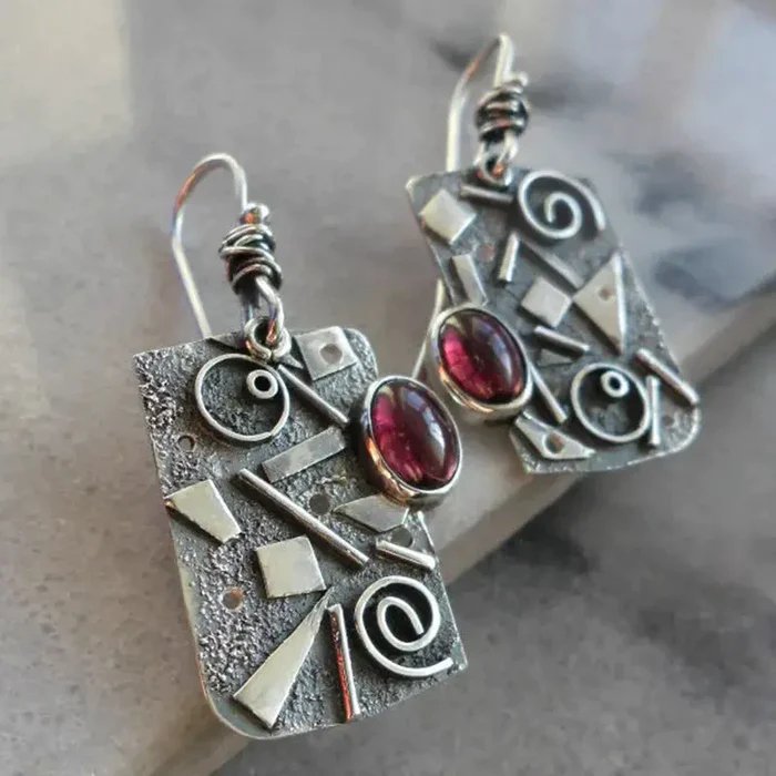 Pendientes rectangulares vintage con piedra roja - Hipnotelia
