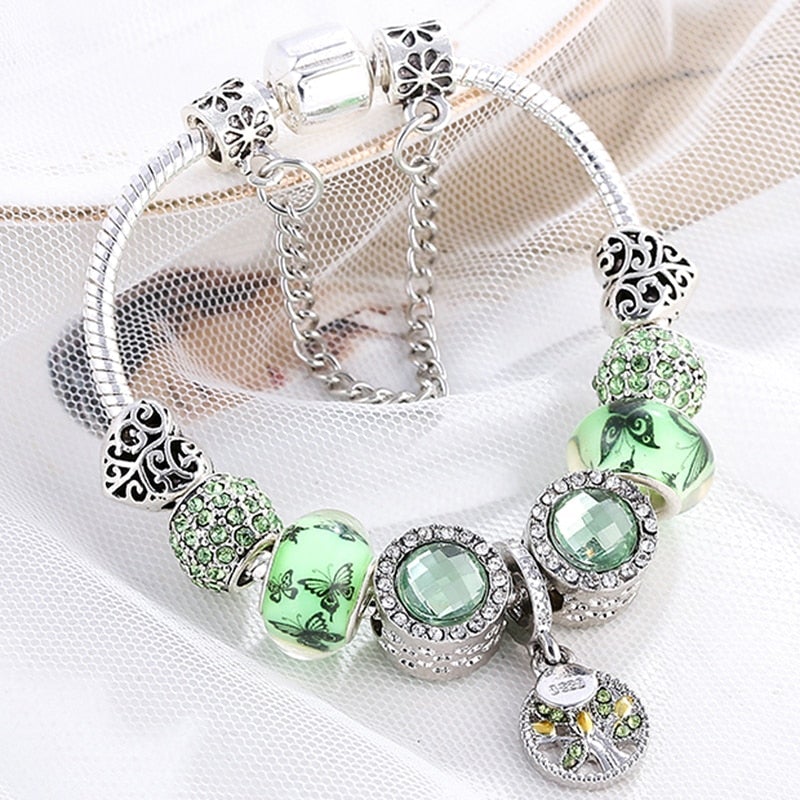 Pulsera plateada con cristales verdes - Hipnotelia
