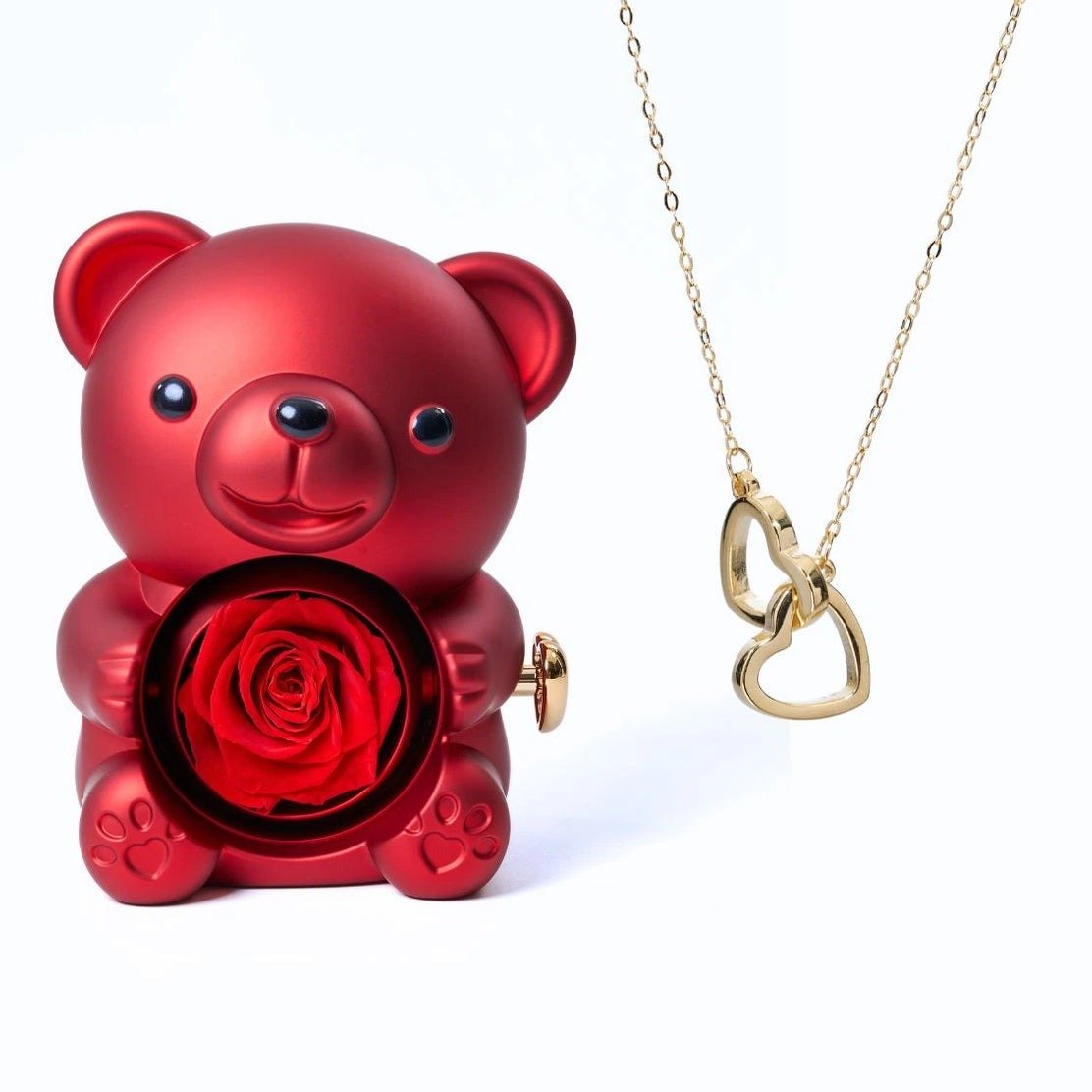 Osito con rosa eterna y collar de corazones personalizados - Hipnotelia