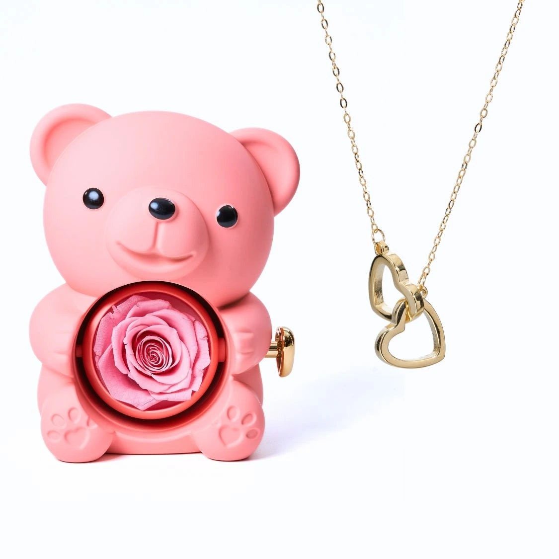 Osito con rosa eterna y collar de corazones personalizados - Hipnotelia