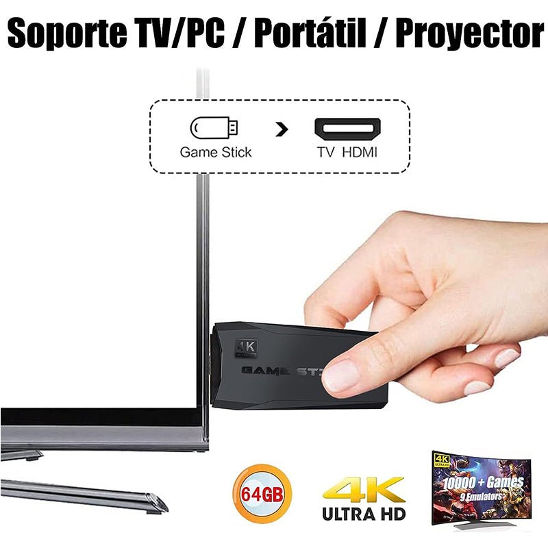 StickGame® Consola 4K + 10.000 Juegos de 9 Consolas + 2 Mandos - Hipnotelia