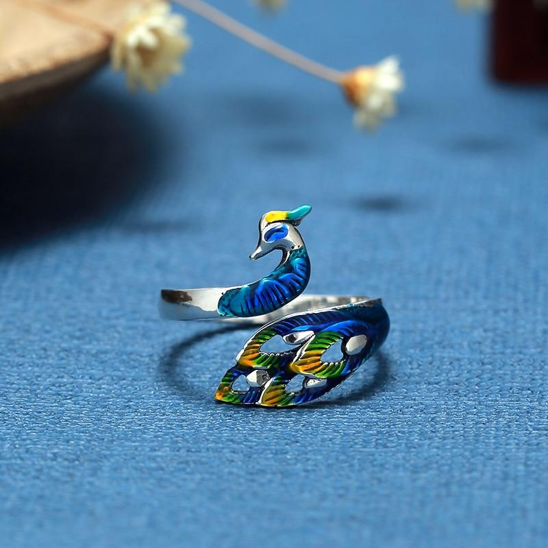 Anillo ajustable plateado de pavo real pintado a mano - Hipnotelia