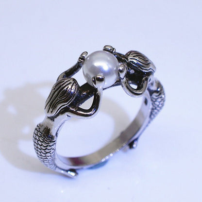 Anillo plateado de sirena con perlas - Hipnotelia
