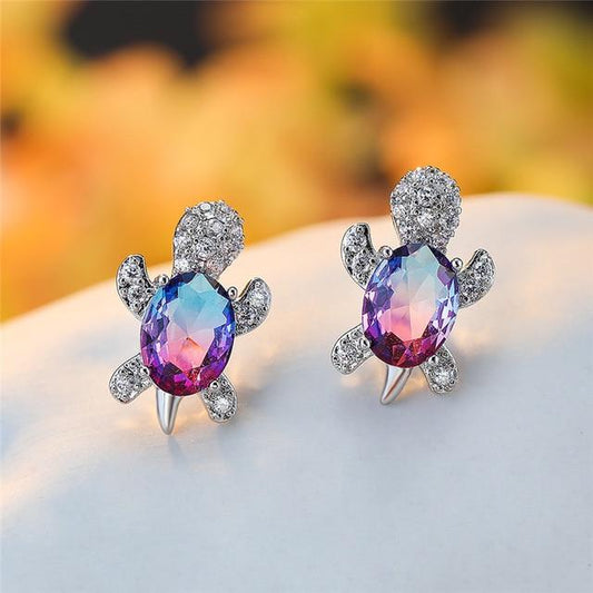 Pendientes de tortuga marina plateados con cristales de colores - Hipnotelia