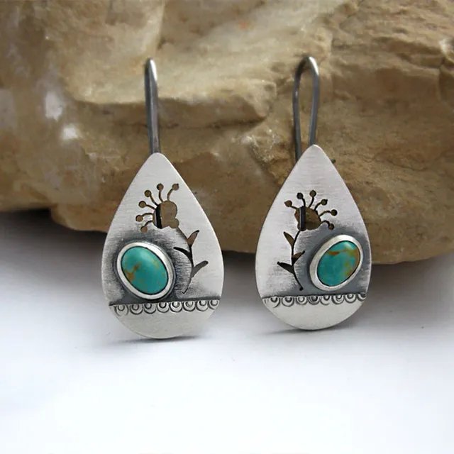Pendientes vintage en forma de flor y piedra turquesa - Hipnotelia