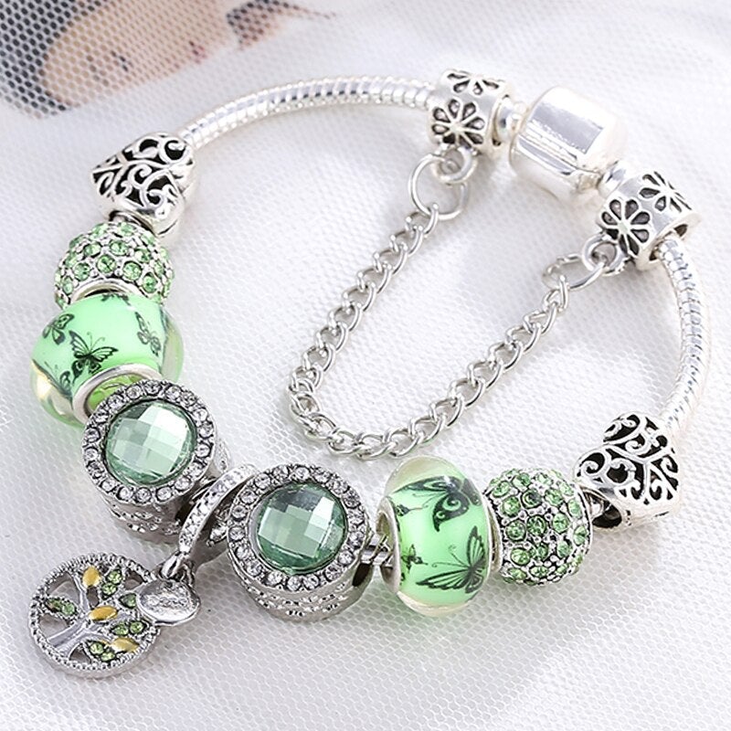 Pulsera plateada con cristales verdes - Hipnotelia